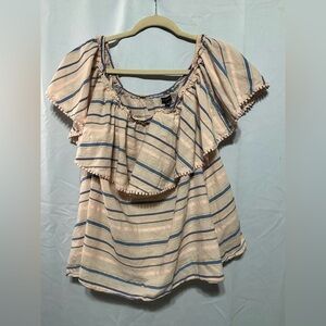 Lane Bryant Off The Shoulder Pom Top Stripe Flounce Overlay Blouse Beige 18/20